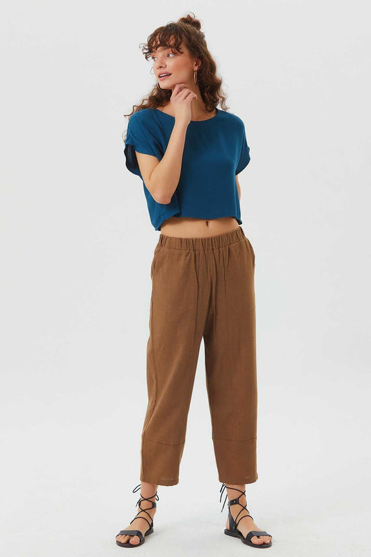 Wide Cut Single Shade Boho Women's Pants Brown