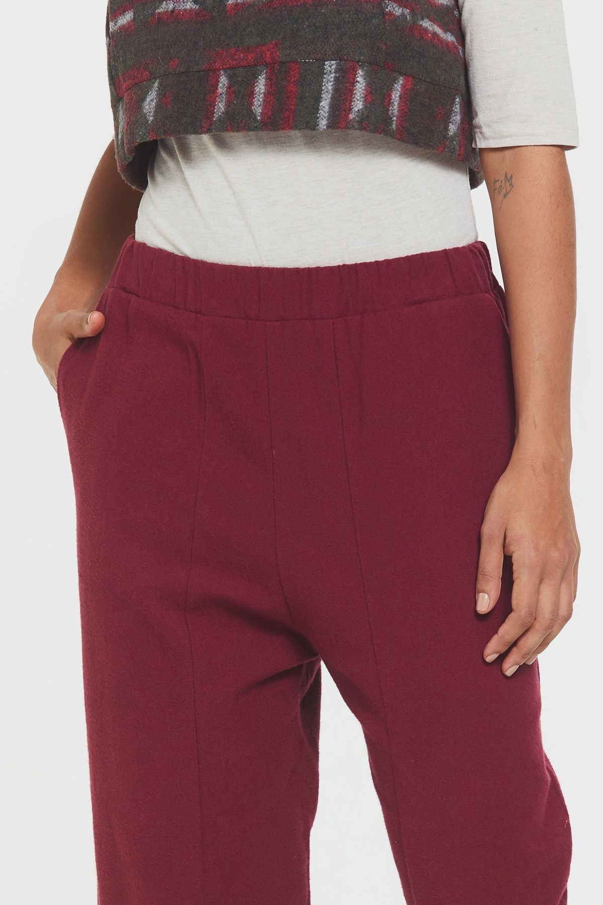 Loose Fit Women's Boho Pants with Elastic Waist Dark Red