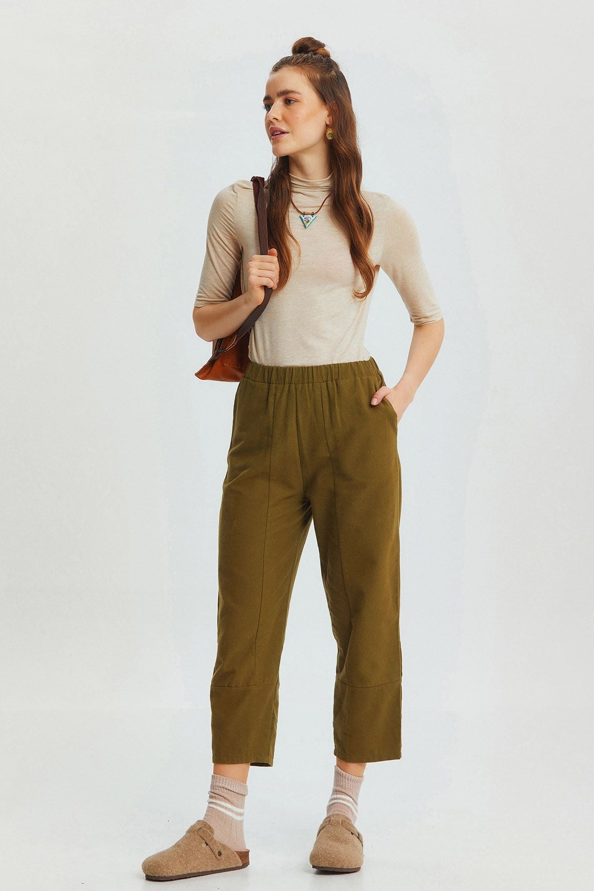 Loose Fit Women's Boho Pants with Elastic Waist Khaki