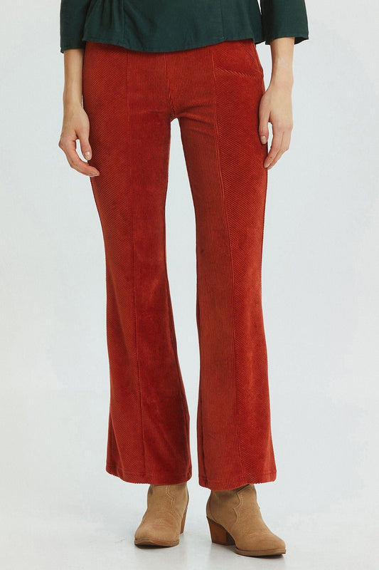 Flared Leg Knit Corduroy Women's Trousers Burnt Orange
