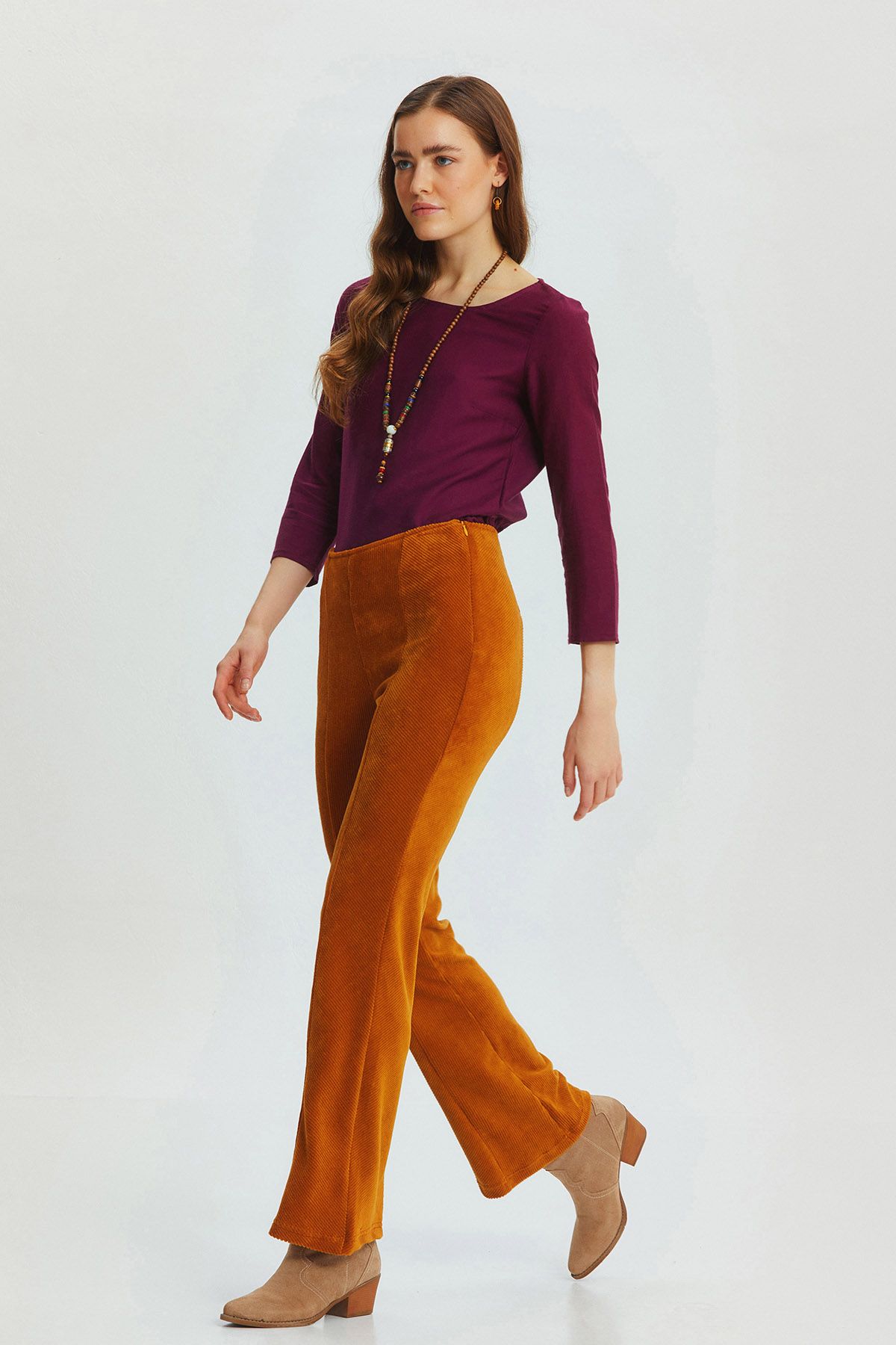 Flared Leg Knit Corduroy Women's Trousers Camel