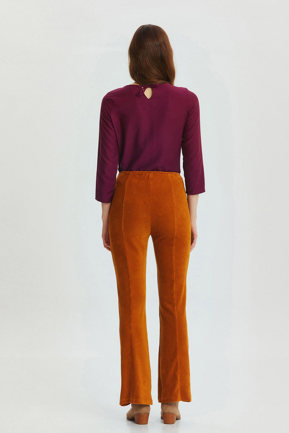 Flared Leg Knit Corduroy Women's Trousers Camel