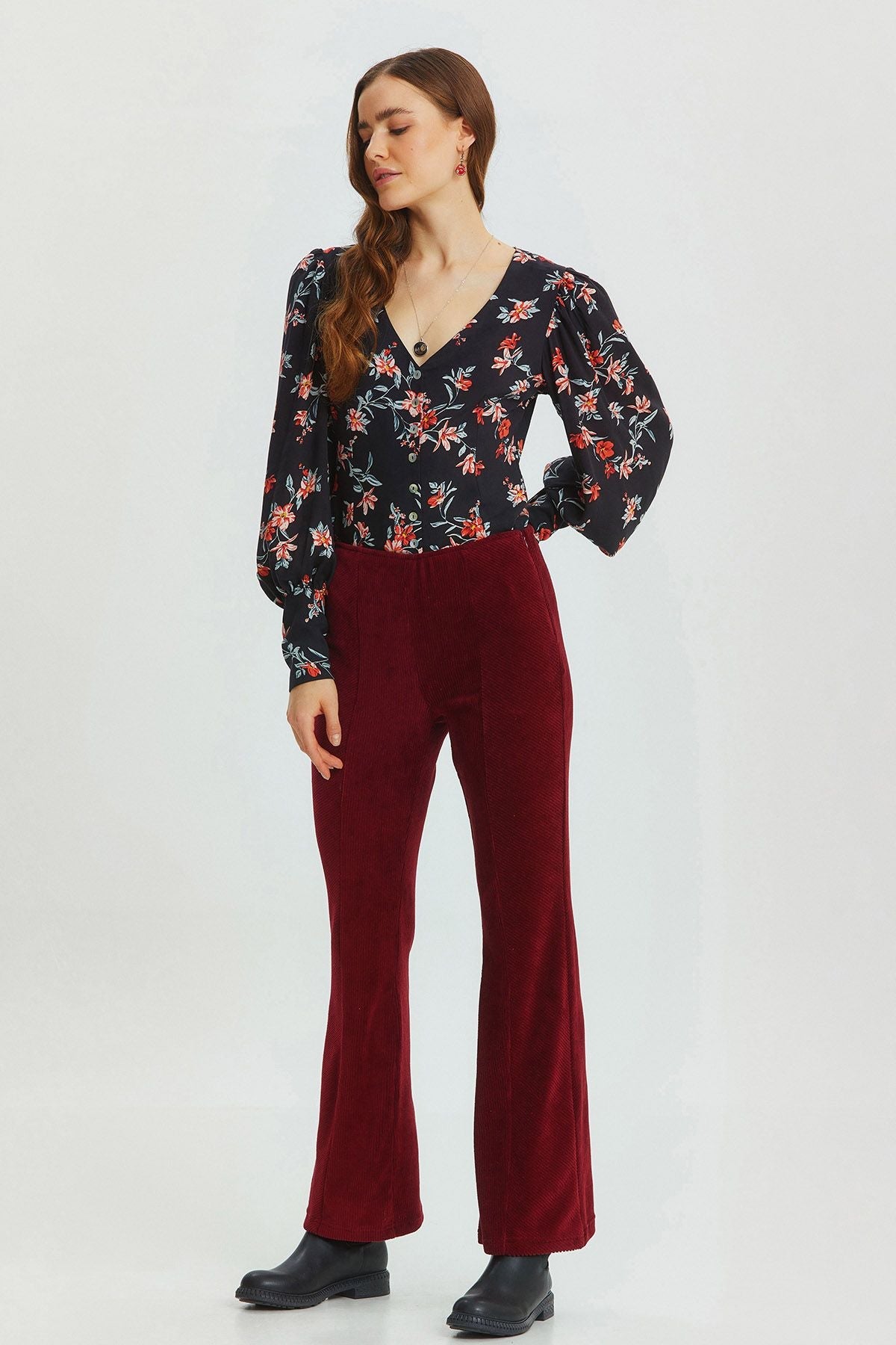 Flared Leg Knit Corduroy Women's Trousers Dark Red