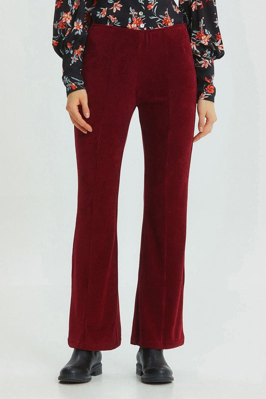 Flared Leg Knit Corduroy Women's Trousers Dark Red