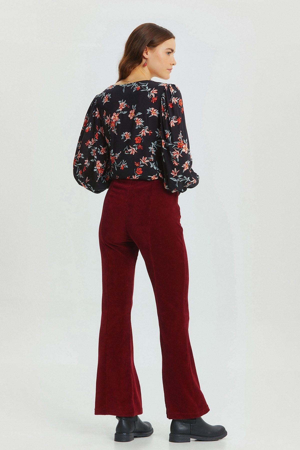 Flared Leg Knit Corduroy Women's Trousers Dark Red