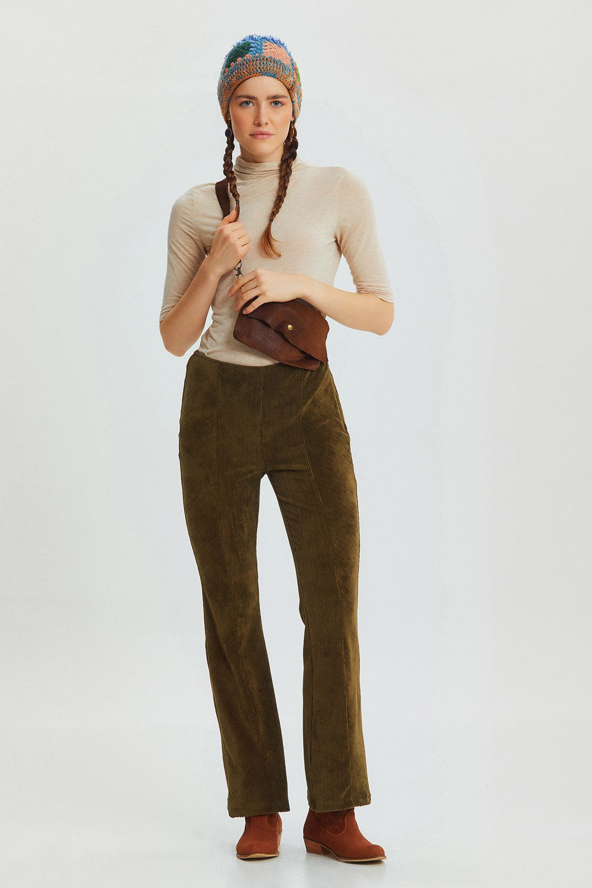 Flared Leg Knit Corduroy Women's Trousers Khaki