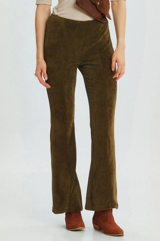 Flared Leg Knit Corduroy Women's Trousers Khaki
