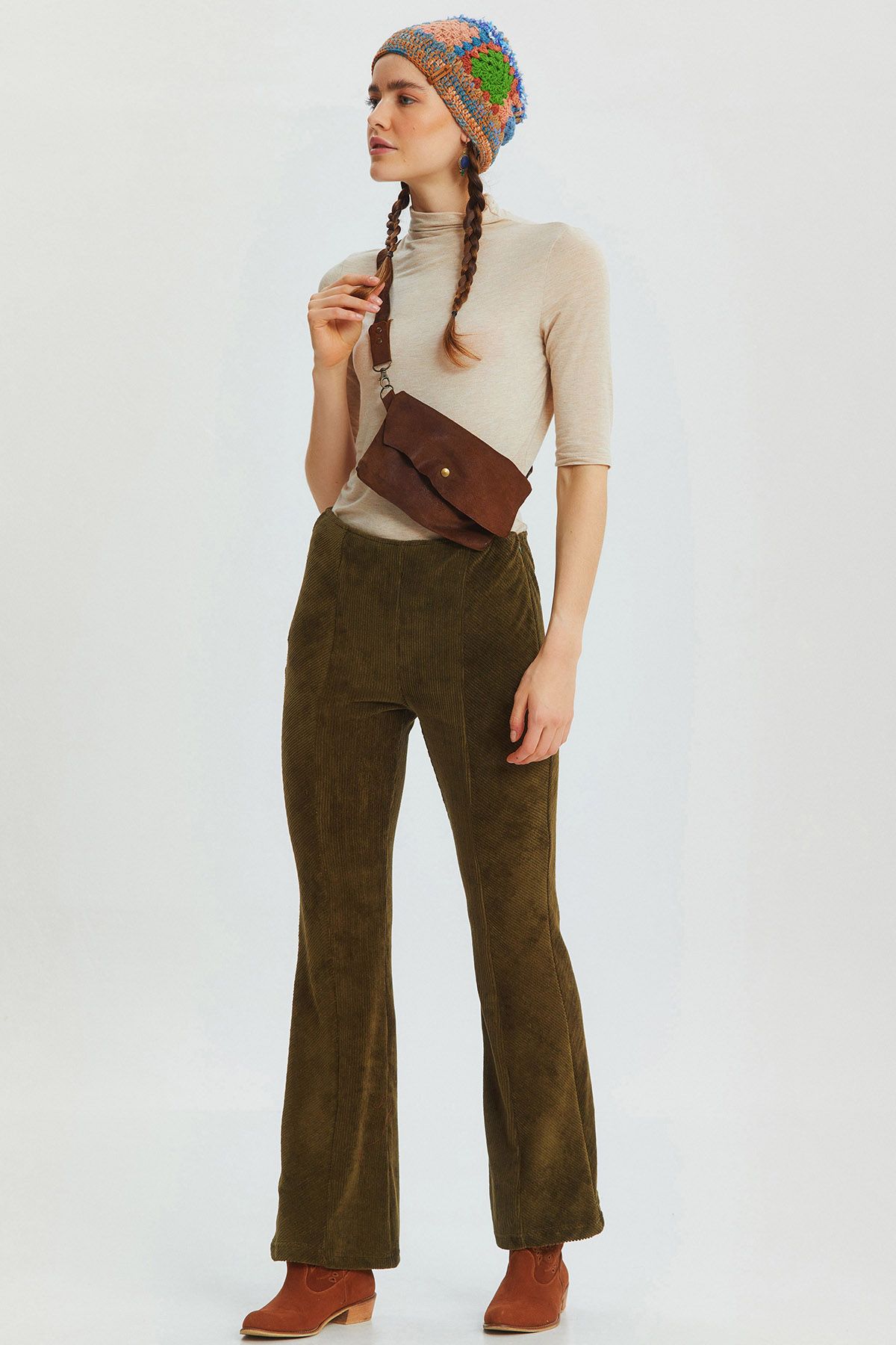 Flared Leg Knit Corduroy Women's Trousers Khaki
