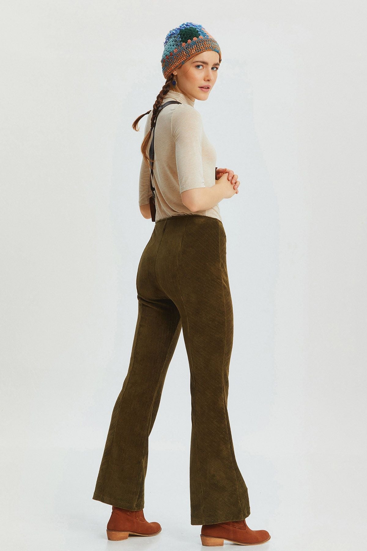 Flared Leg Knit Corduroy Women's Trousers Khaki