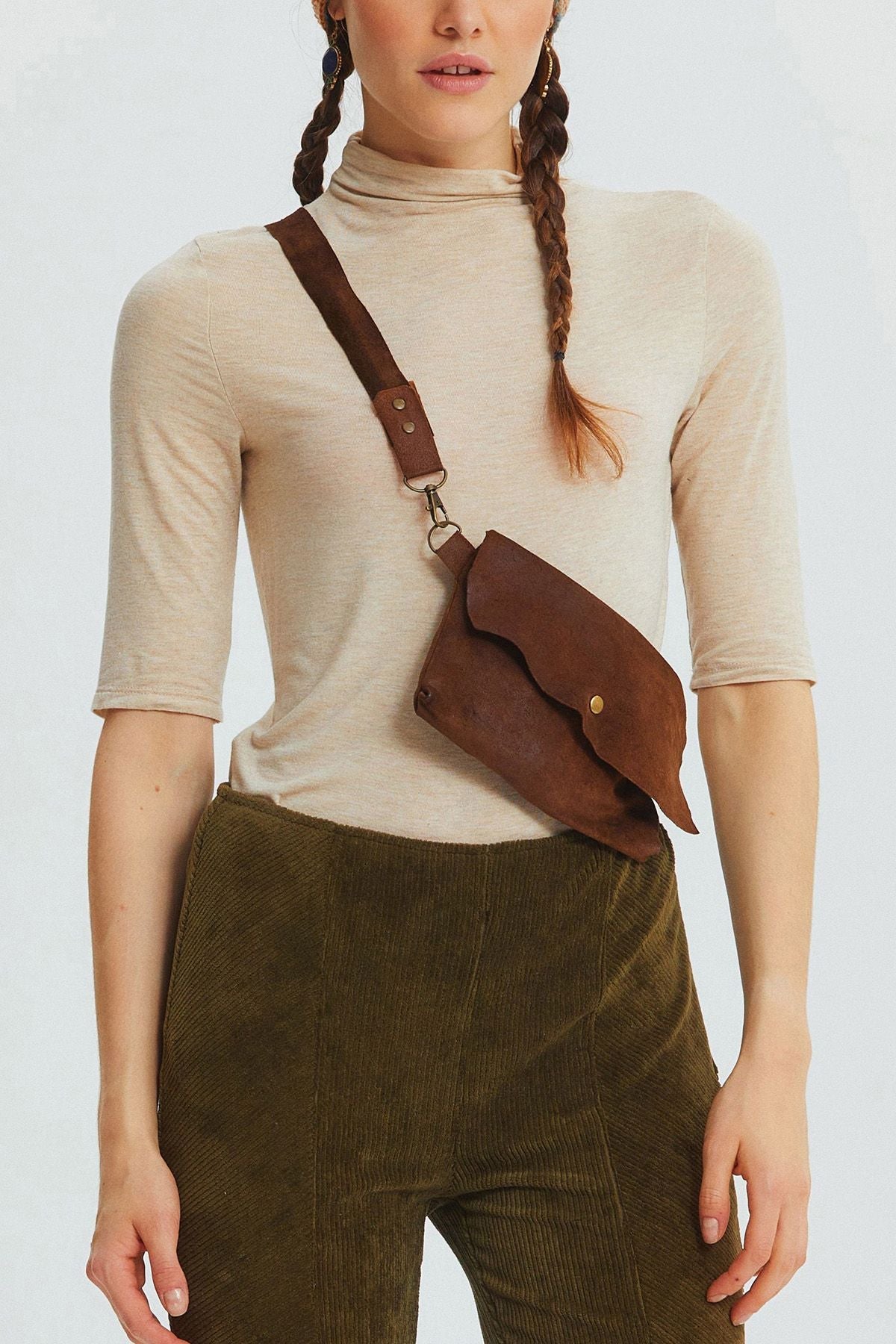Flared Leg Knit Corduroy Women's Trousers Khaki
