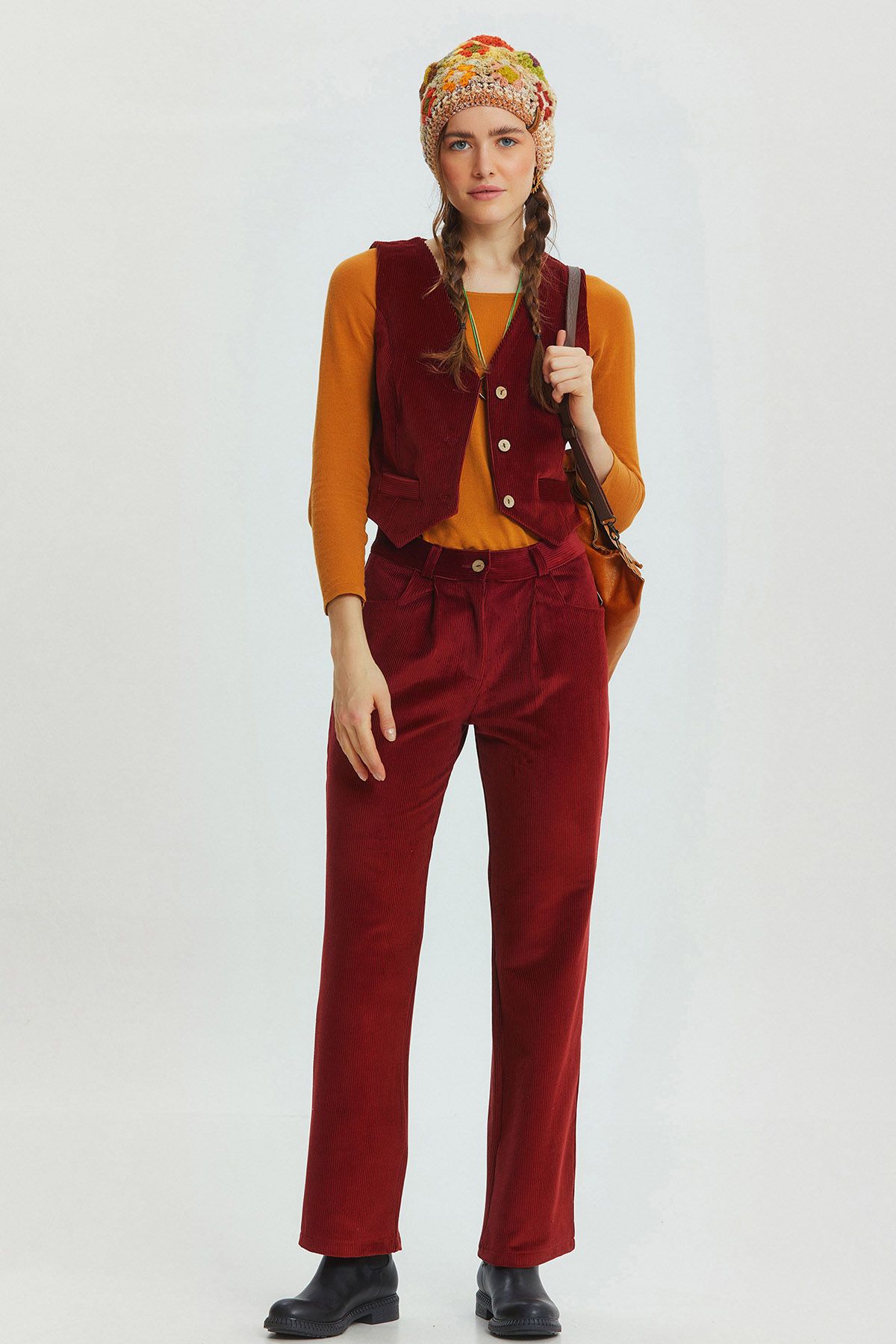 Bohemian Corduroy Women'sTrousers Dark Red