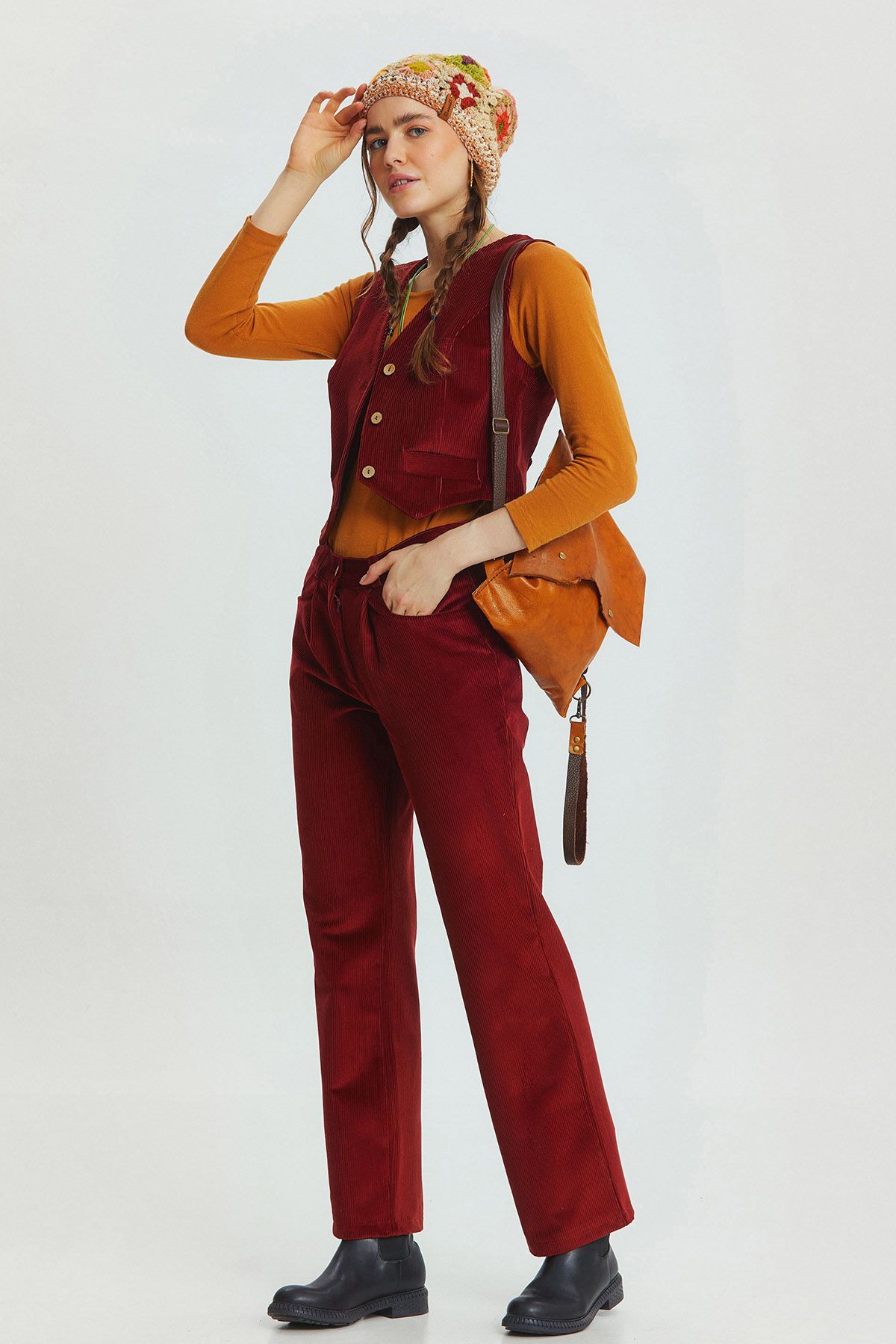 Bohemian Corduroy Women'sTrousers Dark Red