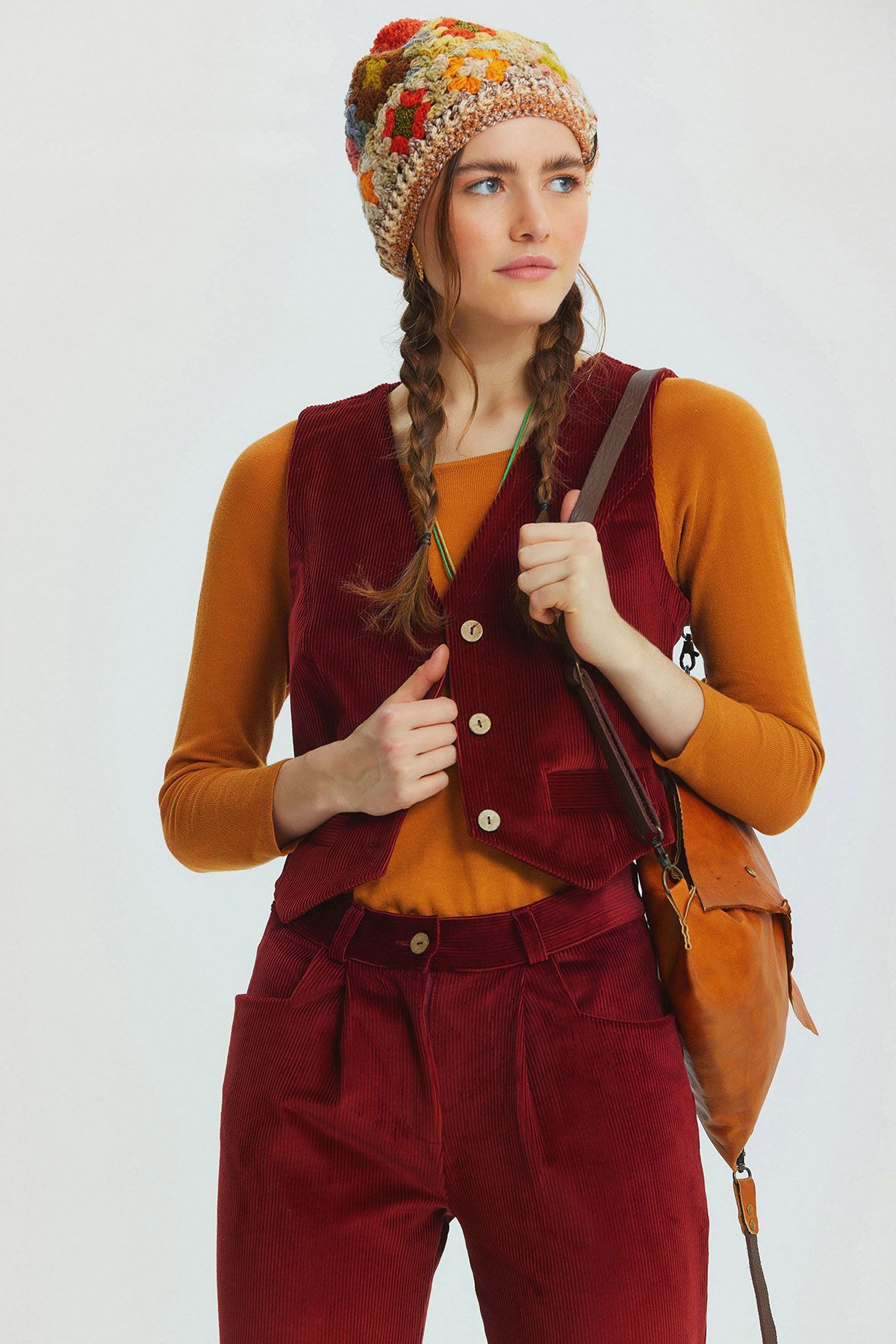 Bohemian Corduroy Women'sTrousers Dark Red