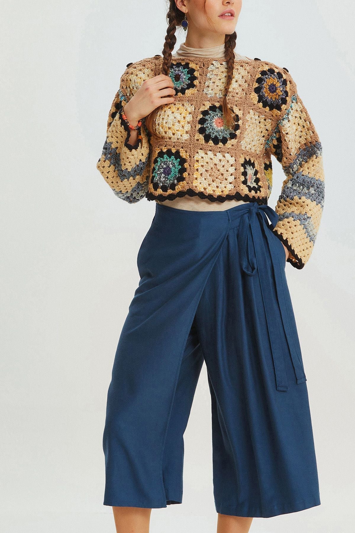 Solid Color Skirted Pants Dark Blue