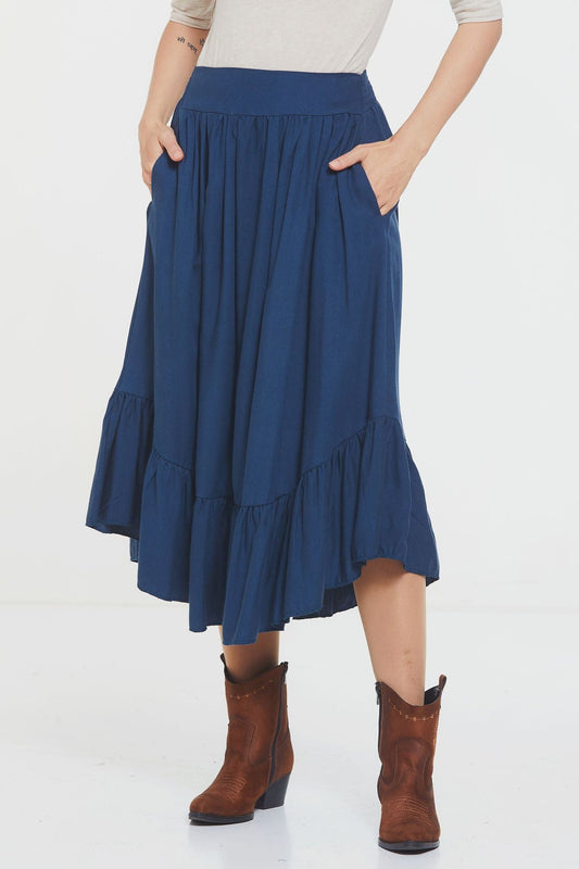 Hippie Midi Frill Skirt Dark Blue