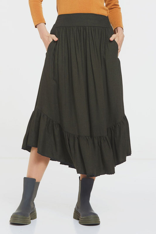 Hippie Midi Frill Skirt Khaki