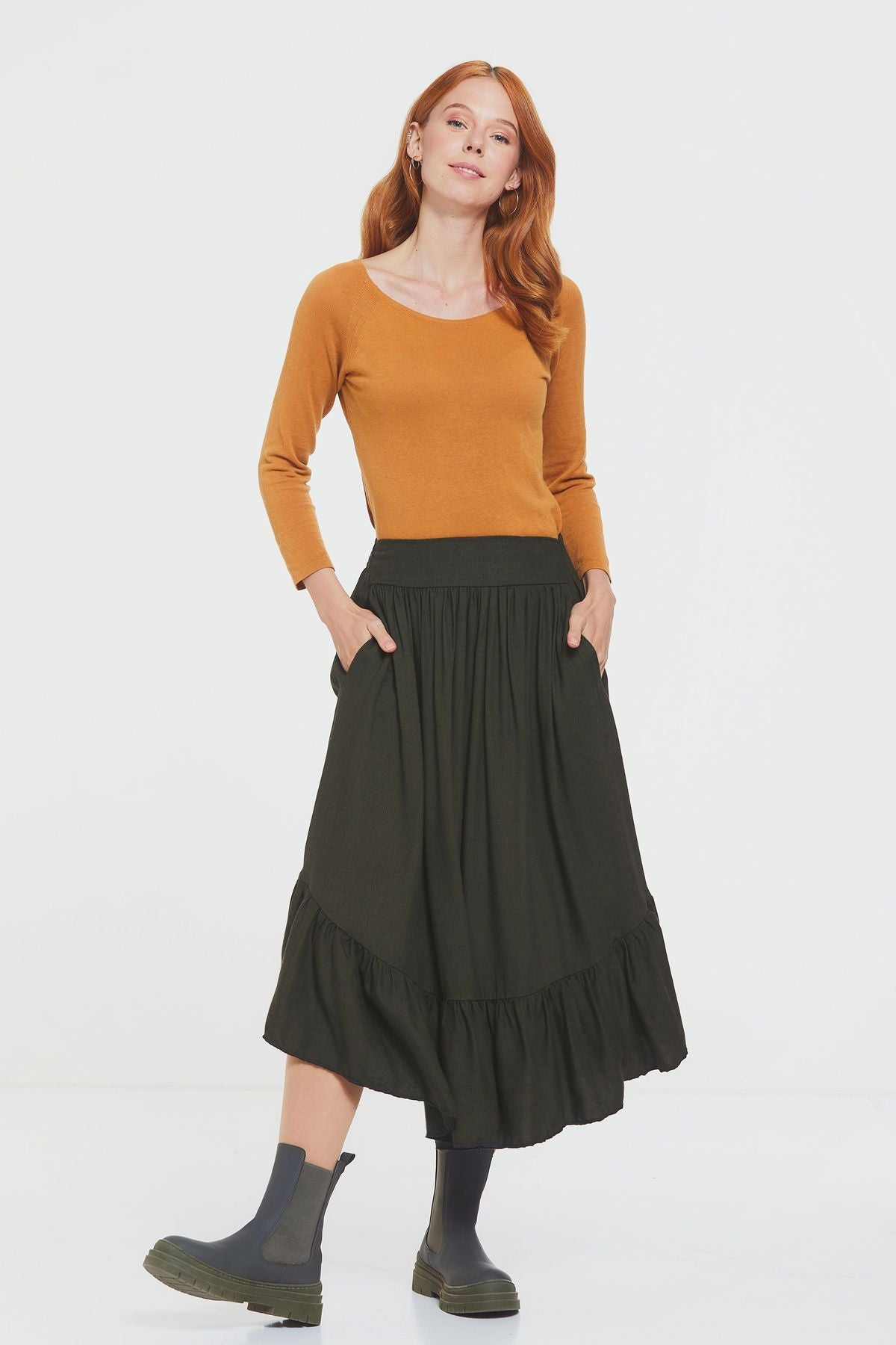 Hippie Midi Frill Skirt Khaki
