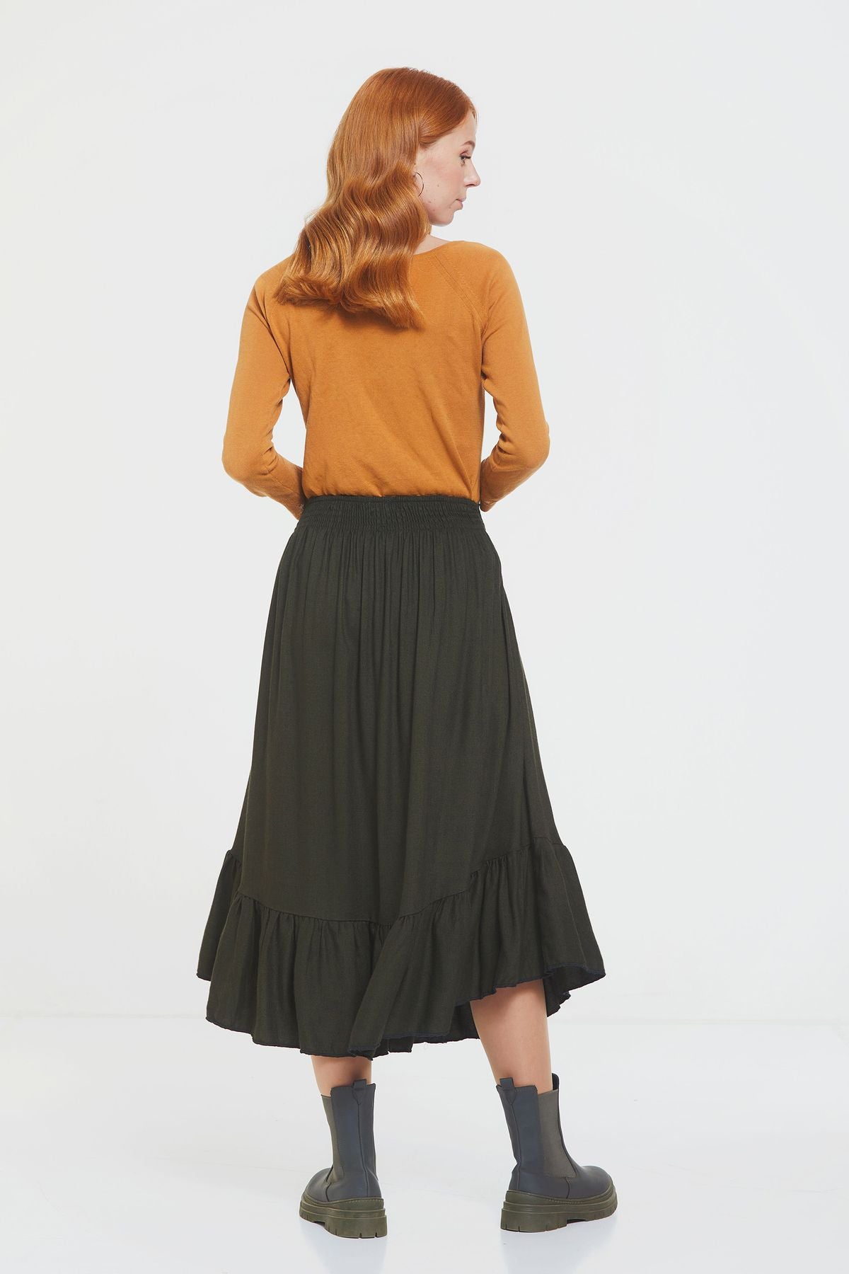 Hippie Midi Frill Skirt Khaki