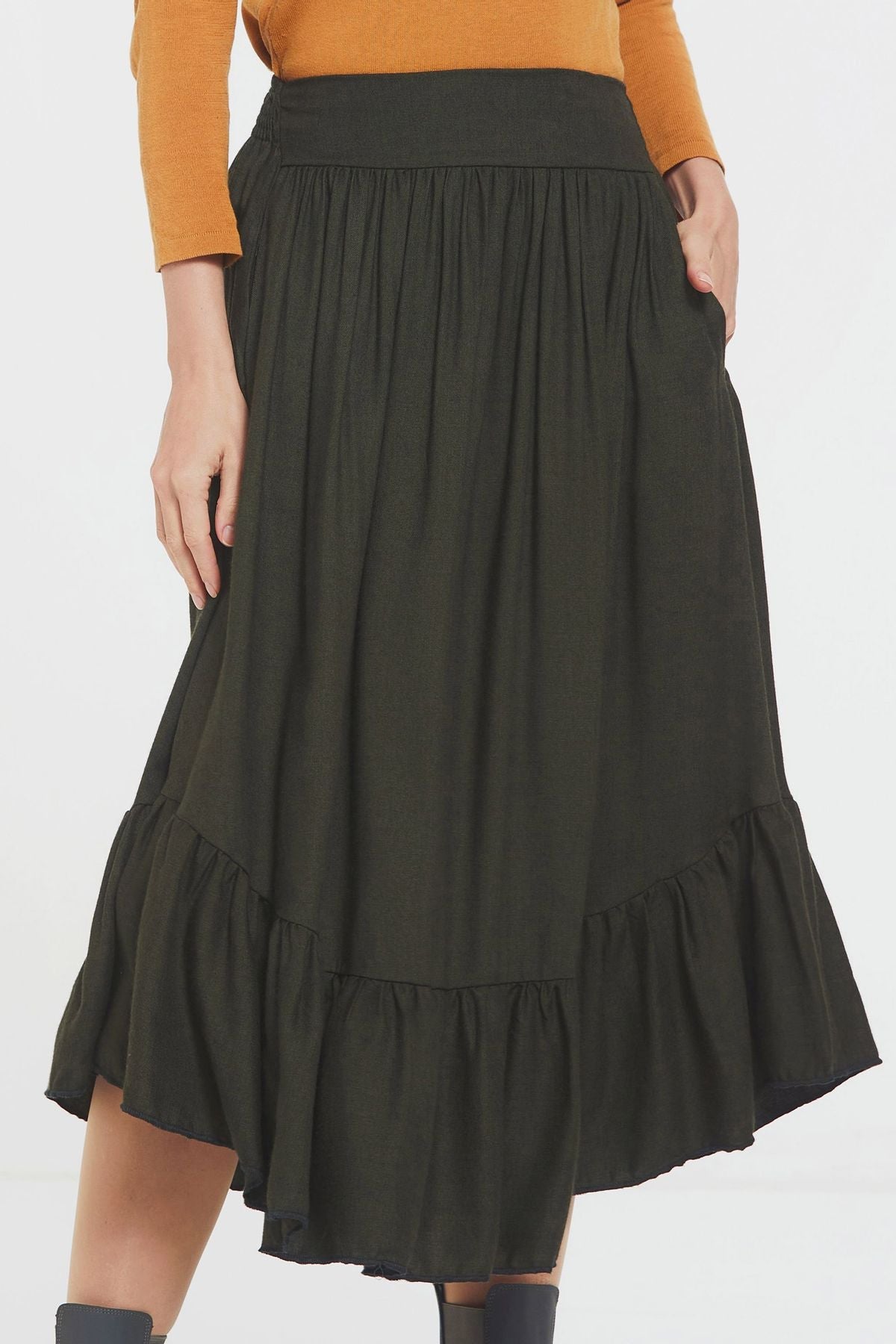 Hippie Midi Frill Skirt Khaki