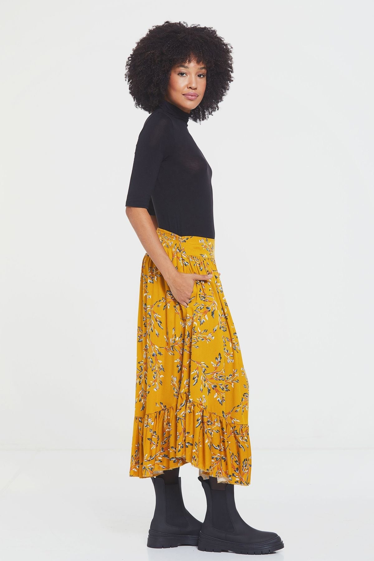 Hippie Midi Frill Skirt Yellow