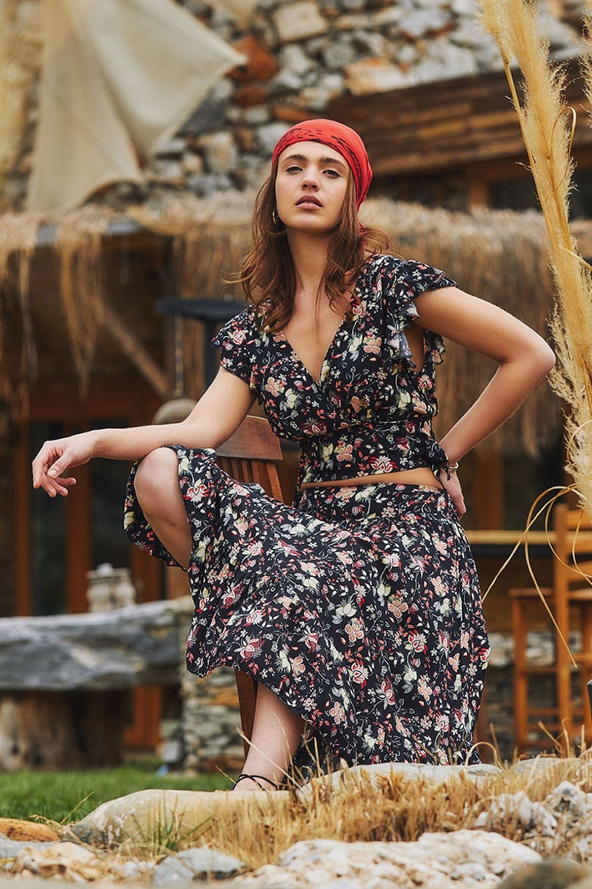 Elastic Waist Printed Hippie Midi Skirt Black