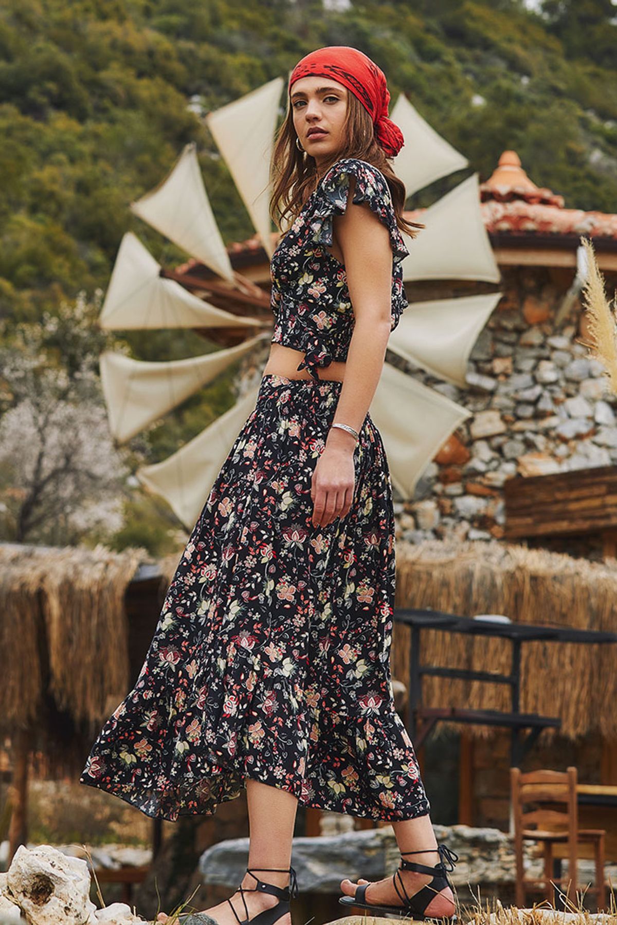 Elastic Waist Printed Hippie Midi Skirt Black