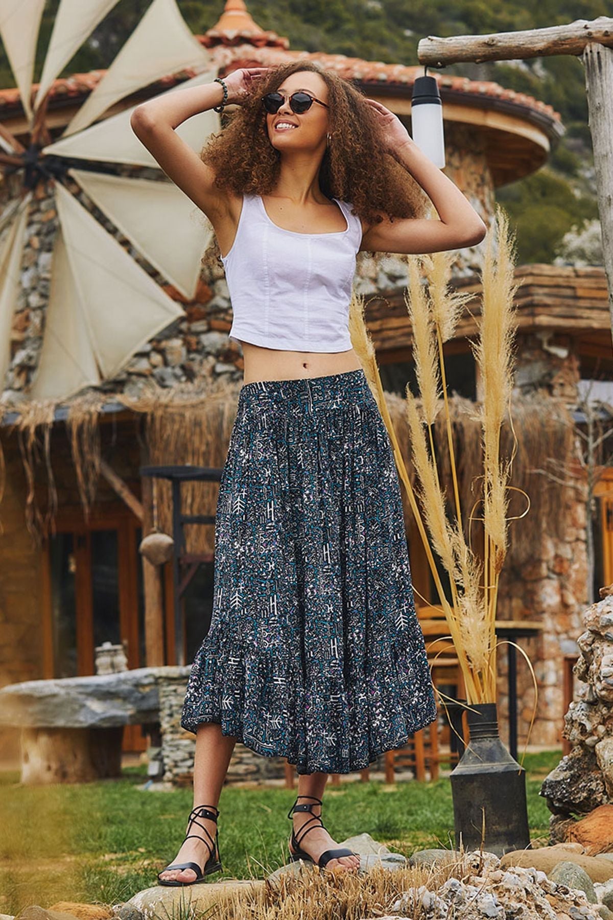 Elastic Waist Printed Hippie Midi Skirt Dark Blue