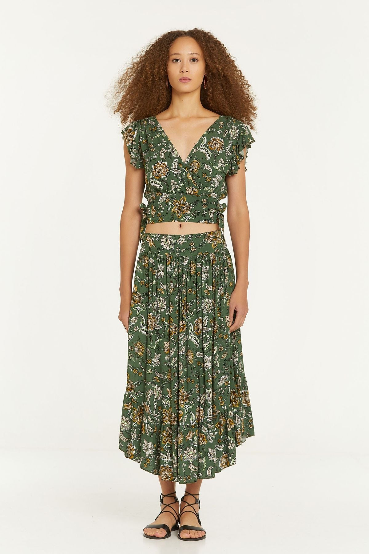 Elastic Waist Printed Hippie Midi Skirt Khaki