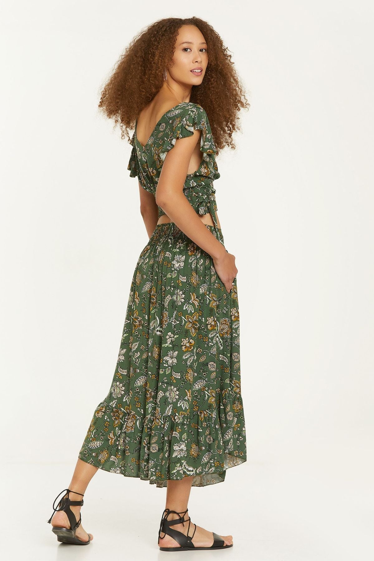 Elastic Waist Printed Hippie Midi Skirt Khaki