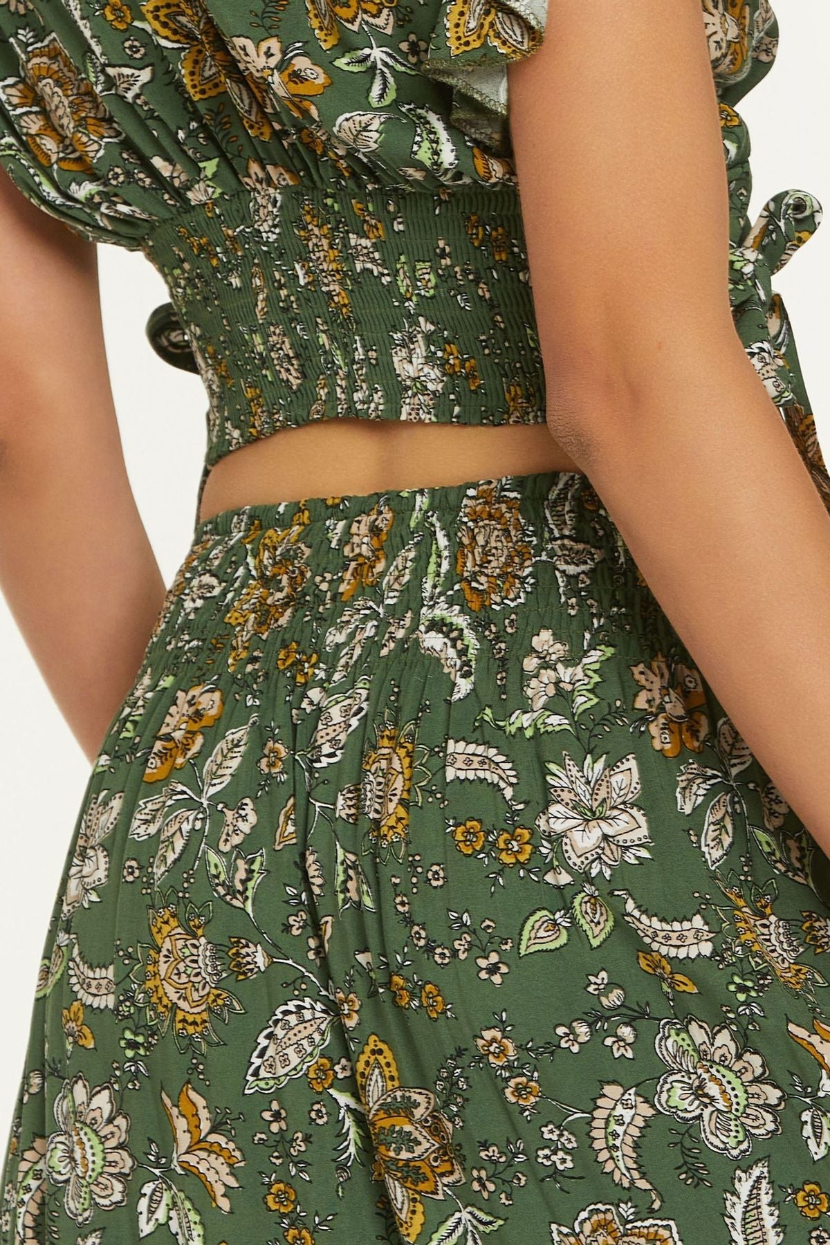 Elastic Waist Printed Hippie Midi Skirt Khaki