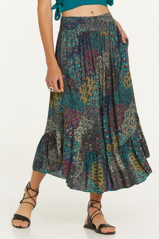 Elastic Waist Printed Hippie Midi Skirt Turquoise
