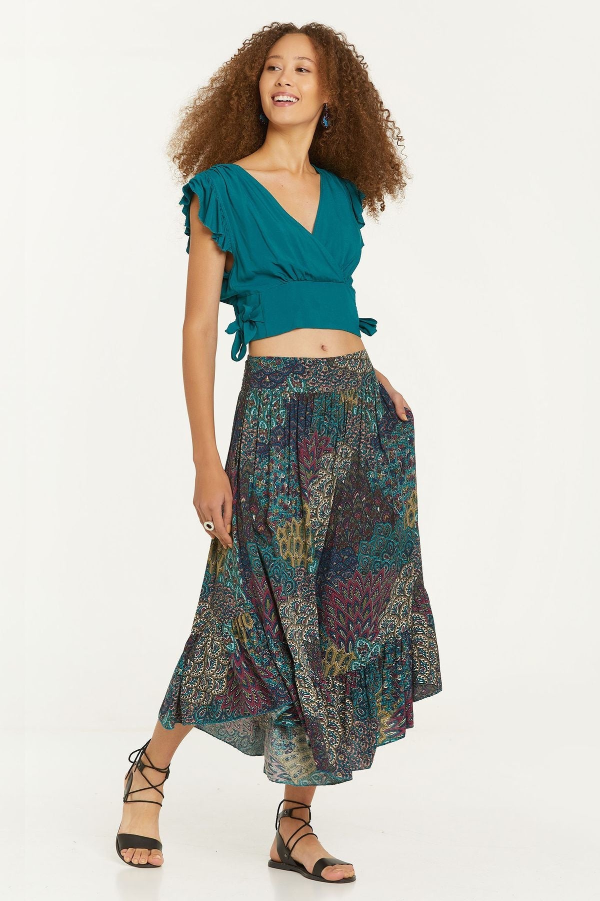 Elastic Waist Printed Hippie Midi Skirt Turquoise