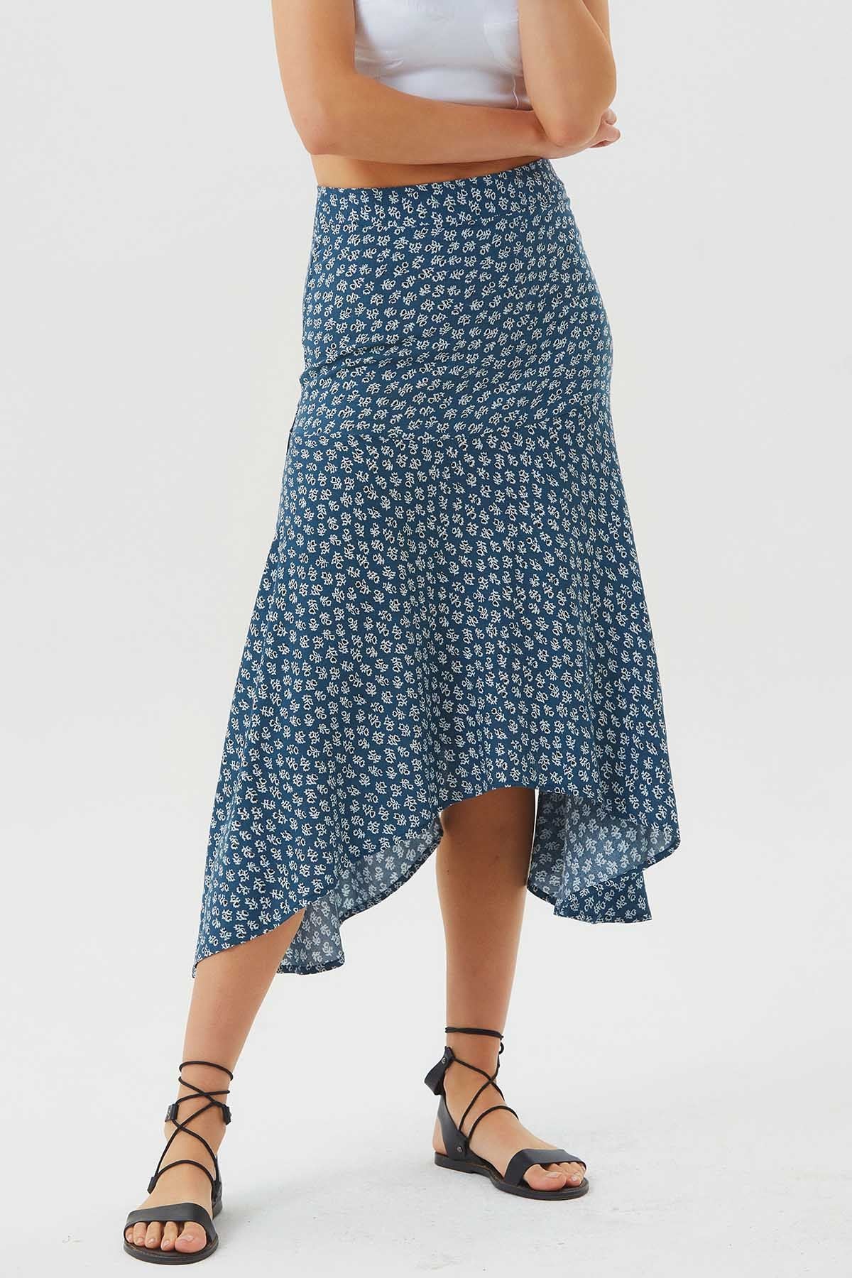 Asymmetric Cut Skirt With Waist Corsage Blue