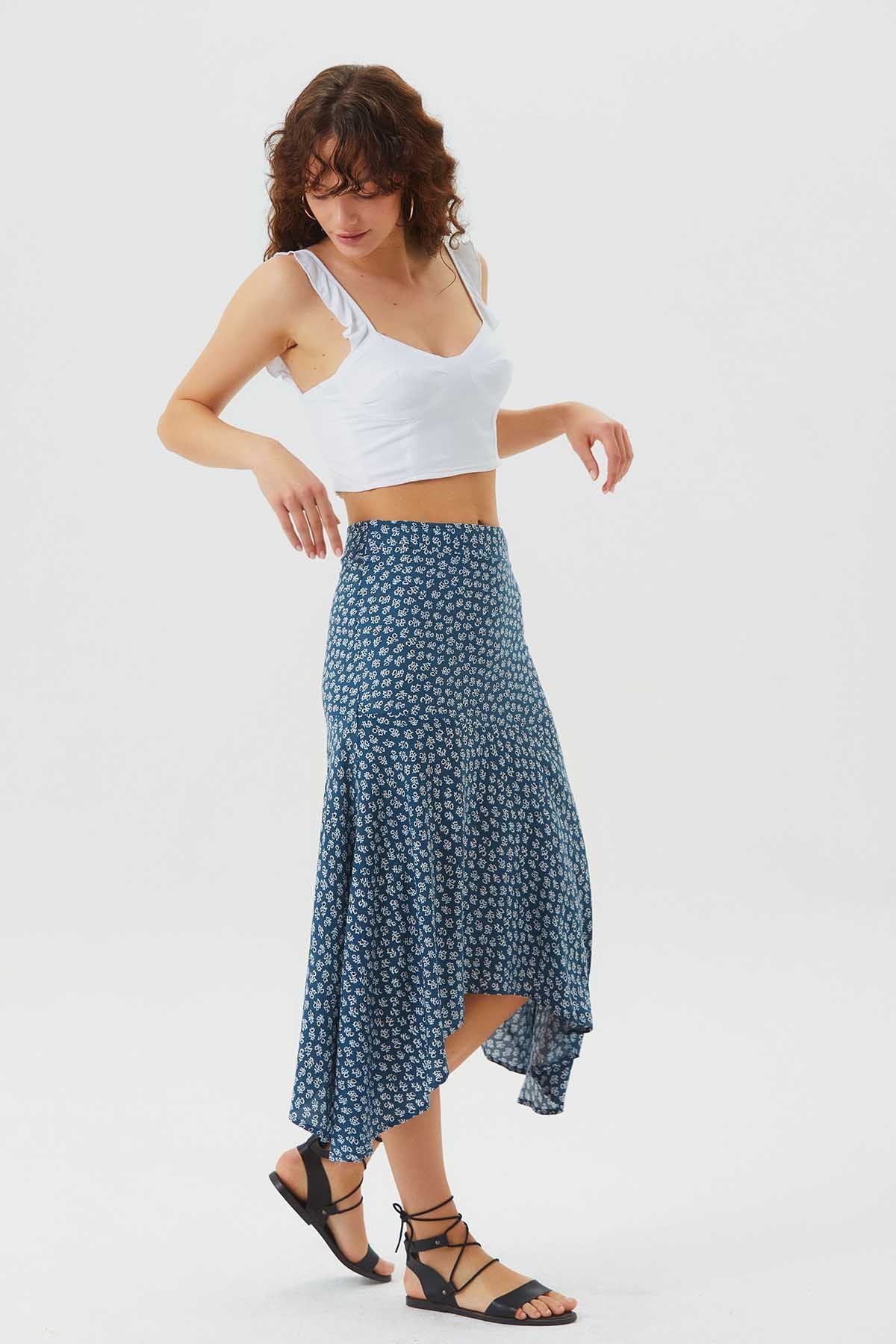 Asymmetric Cut Skirt With Waist Corsage Blue