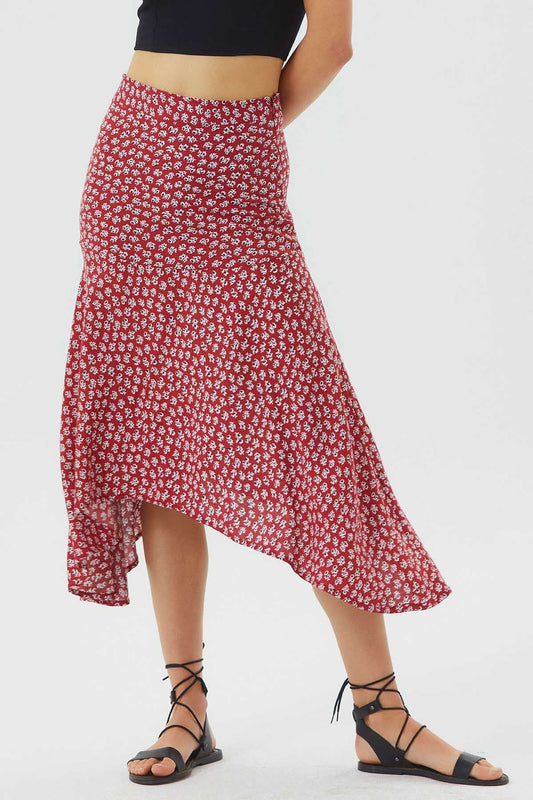 Asymmetric Cut Skirt With Waist Corsage Red