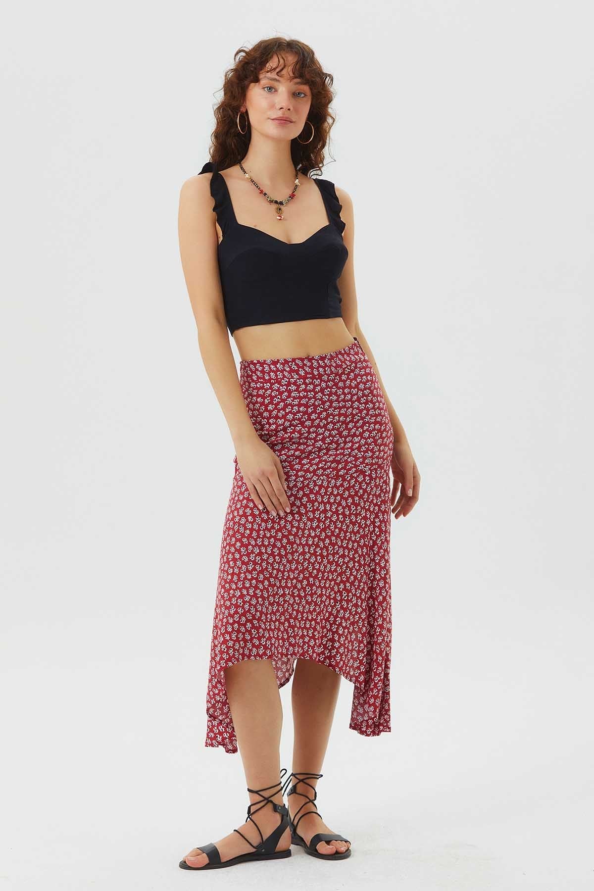 Asymmetric Cut Skirt With Waist Corsage Red
