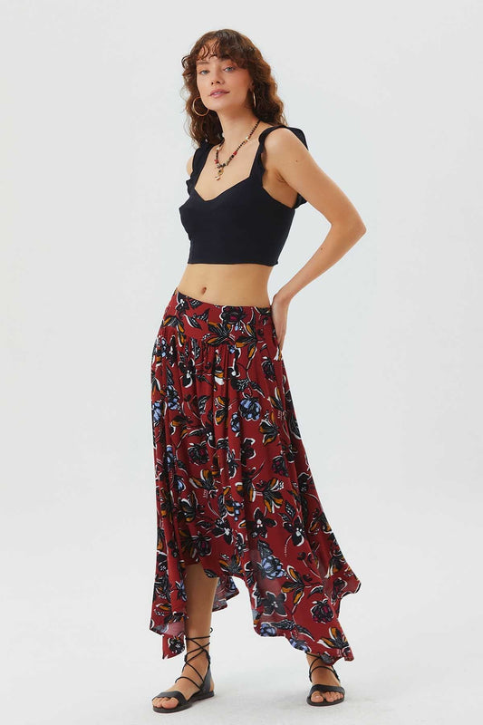 Asymmetric Front Shirring Bohemian Skirt Red