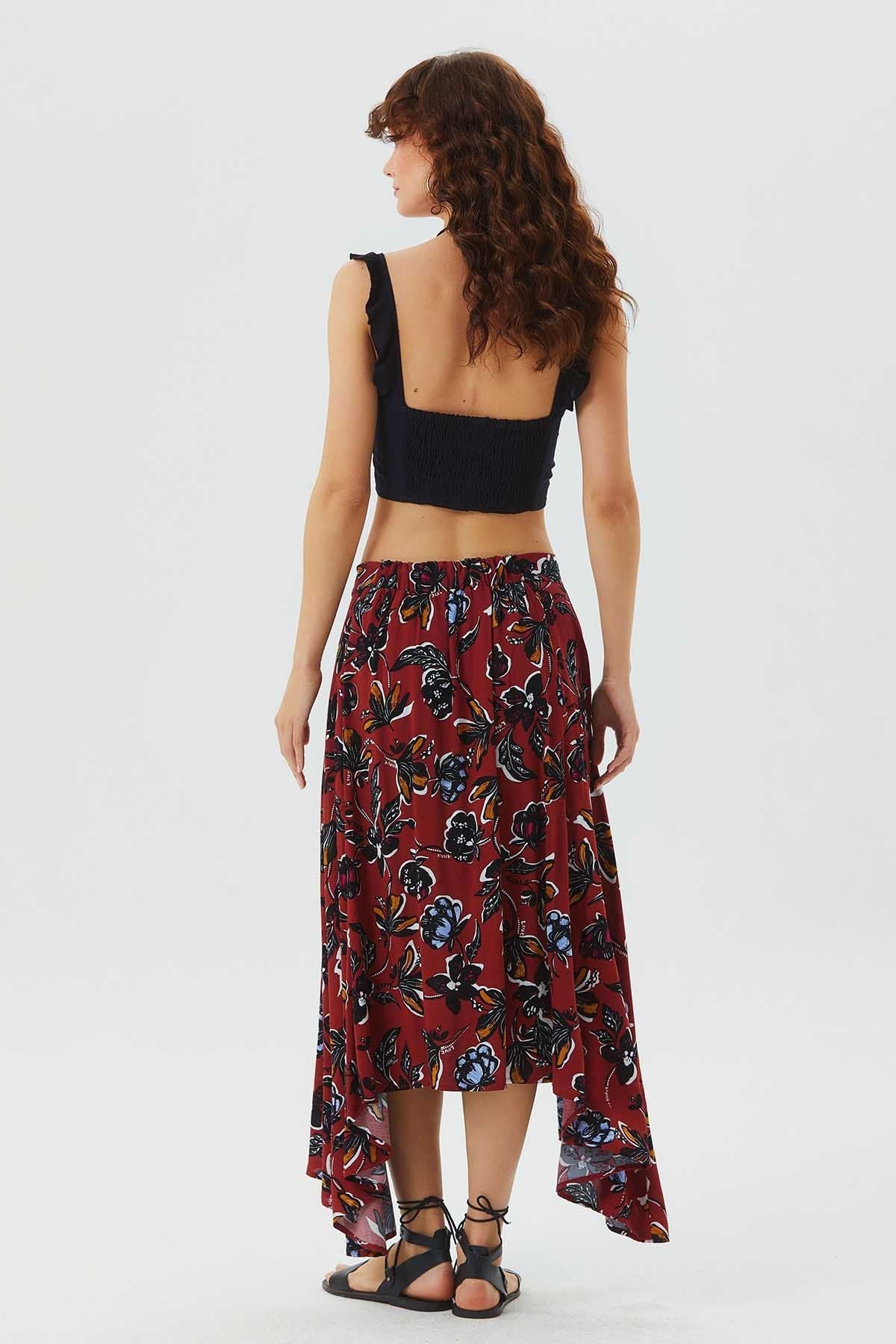 Asymmetric Front Shirring Bohemian Skirt Red