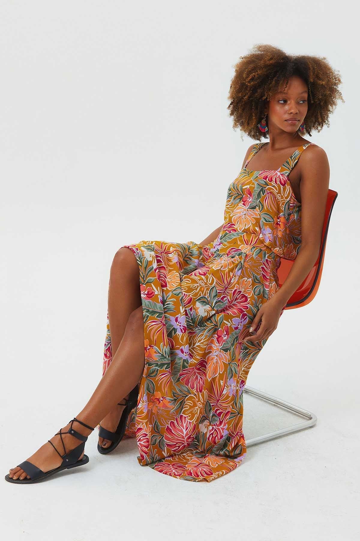 Asymmetric Front Shirring Bohemian Skirt Mustard
