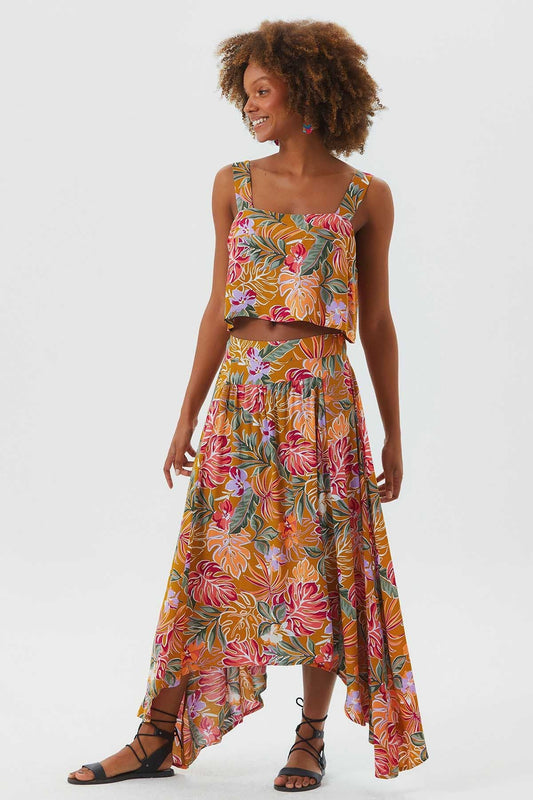 Asymmetric Front Shirring Bohemian Skirt Mustard