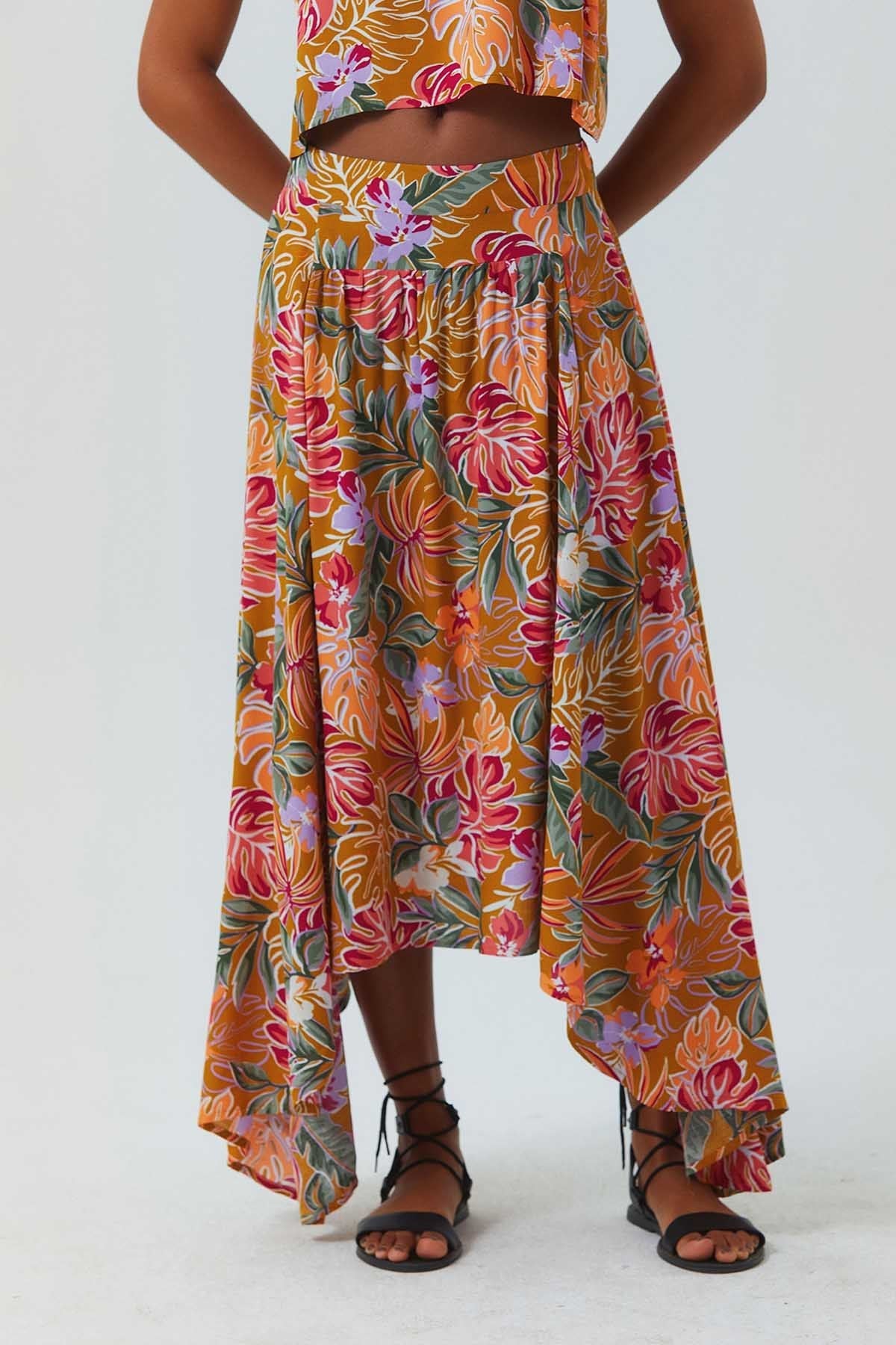 Asymmetric Front Shirring Bohemian Skirt Mustard