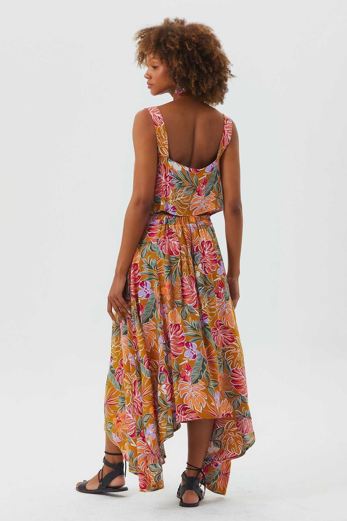 Asymmetric Front Shirring Bohemian Skirt Mustard
