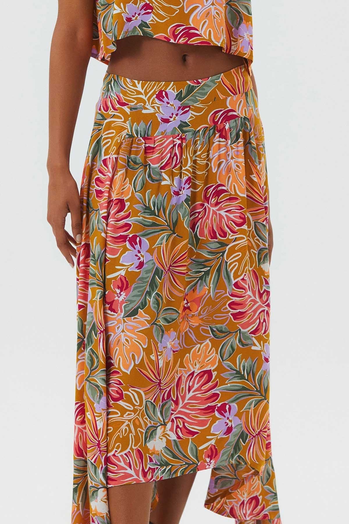 Asymmetric Front Shirring Bohemian Skirt Mustard