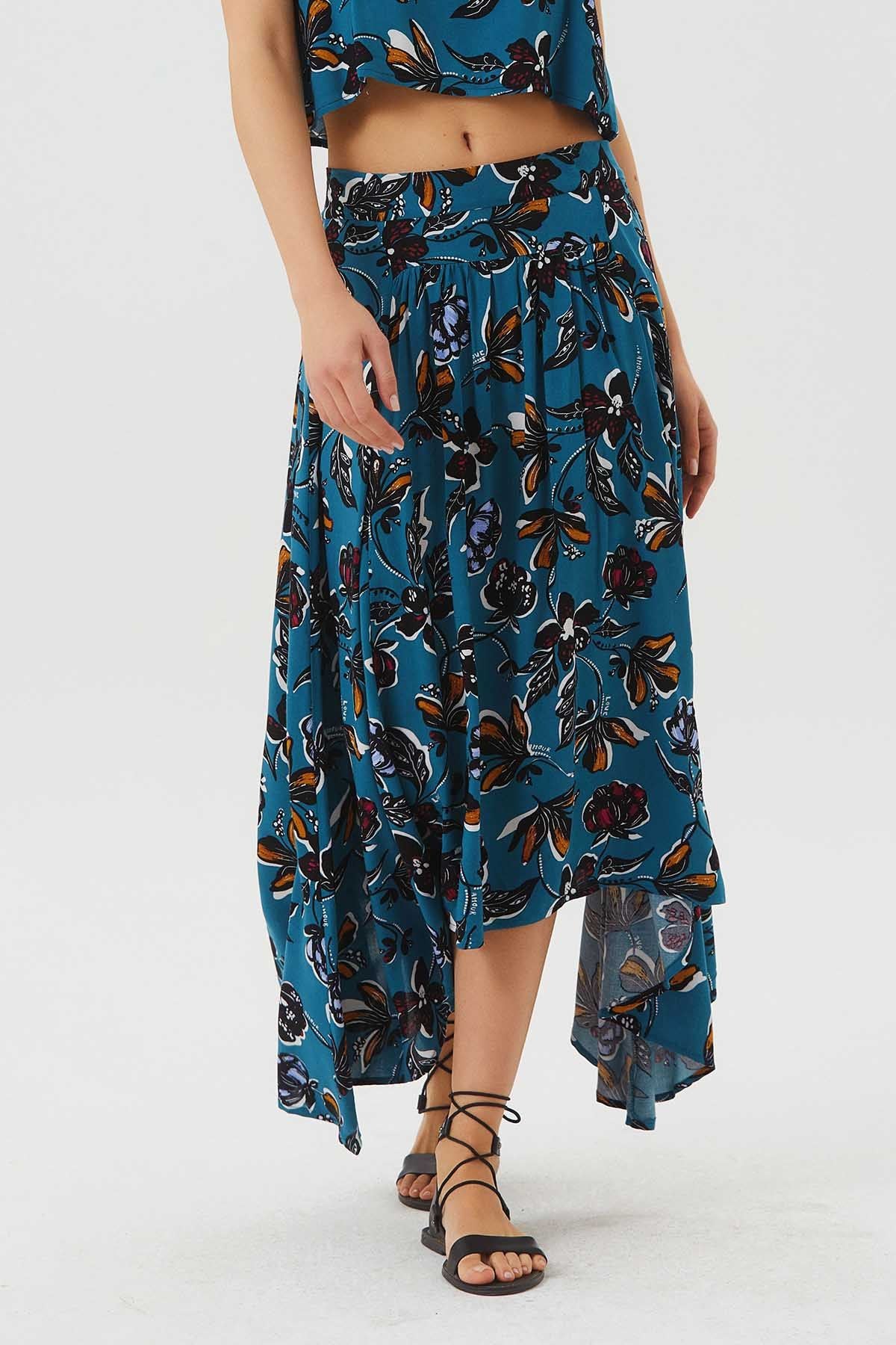 Asymmetric Front Shirring Bohemian Skirt Teal