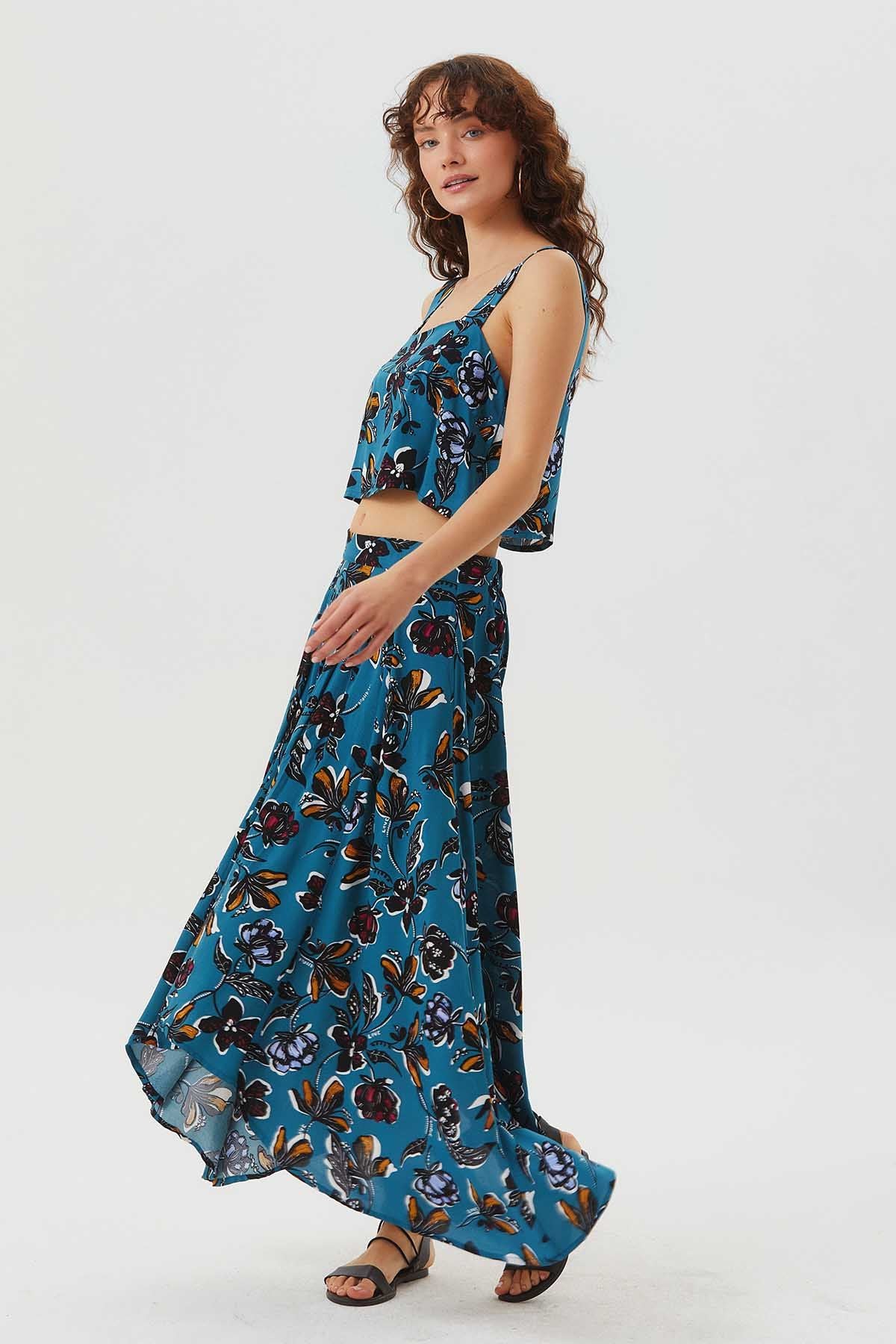 Asymmetric Front Shirring Bohemian Skirt Teal
