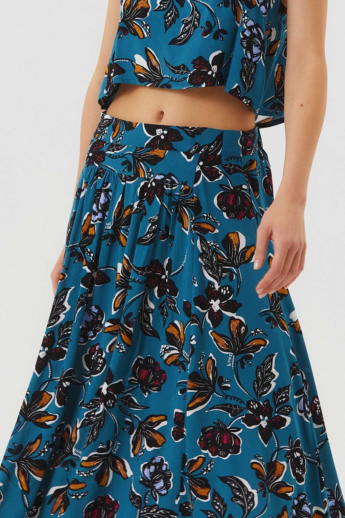 Asymmetric Front Shirring Bohemian Skirt Teal