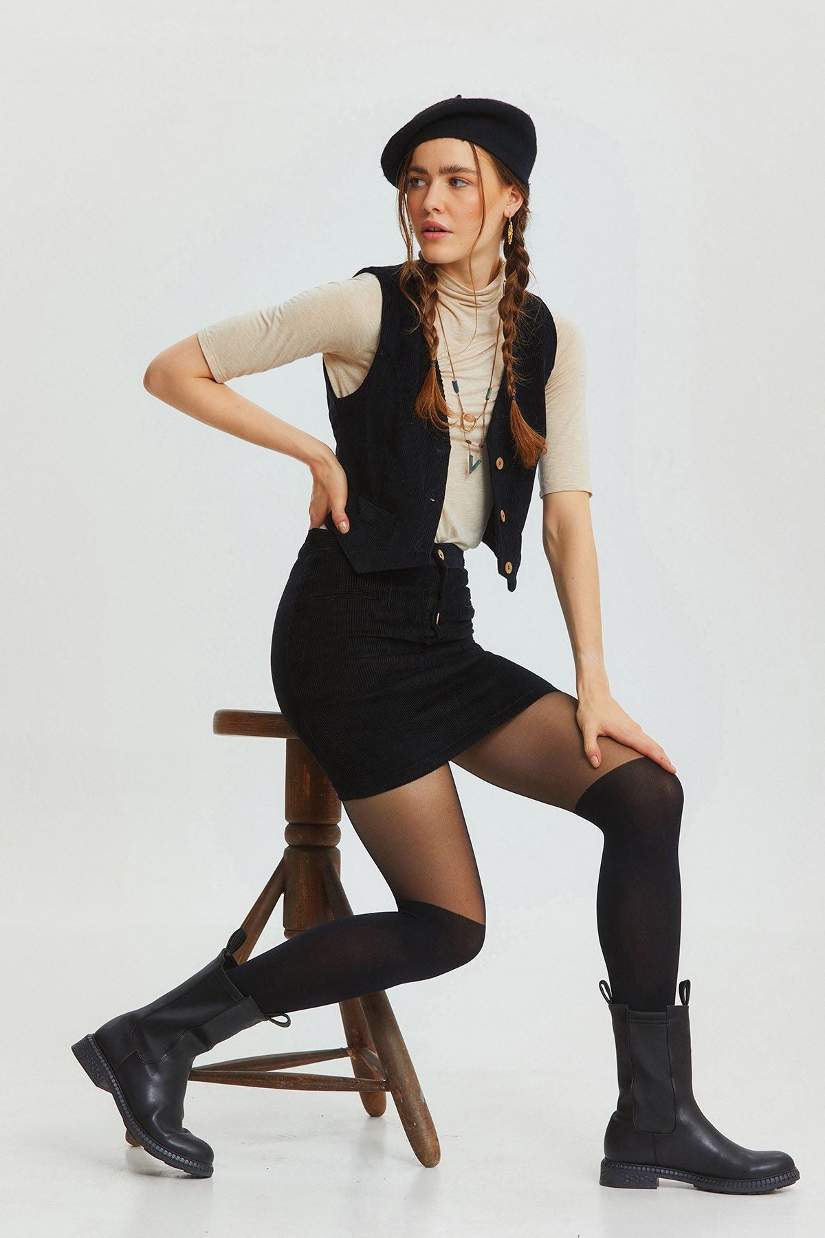 Bohemian Corduroy Mini Skirt Black