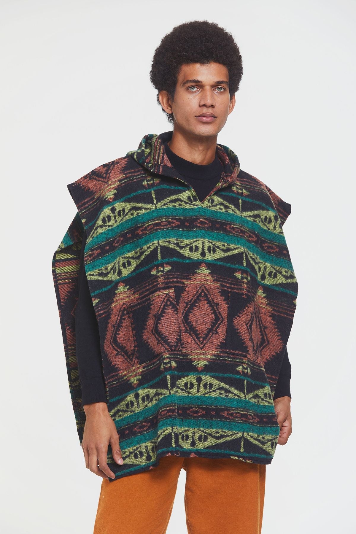 Ethnic Patterned Hooded Poncho Green
