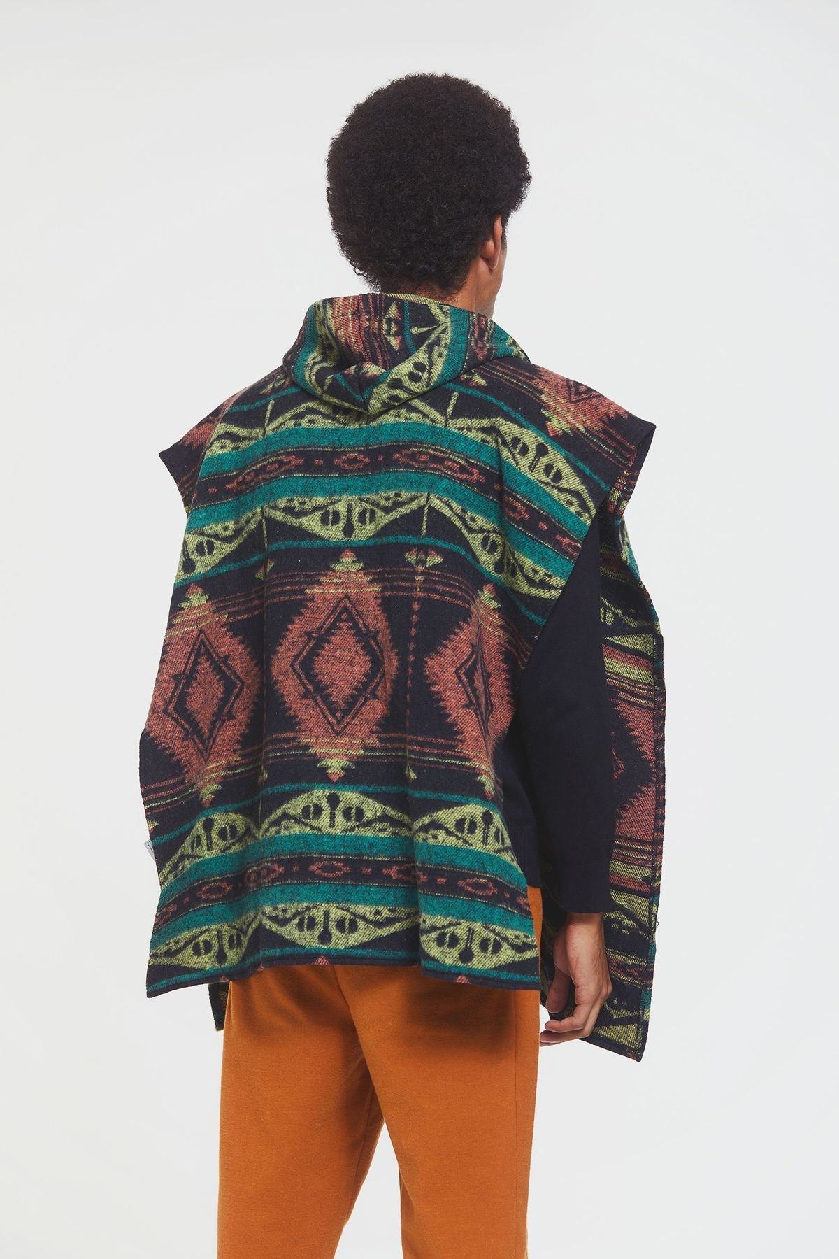 Ethnic Patterned Hooded Poncho Green