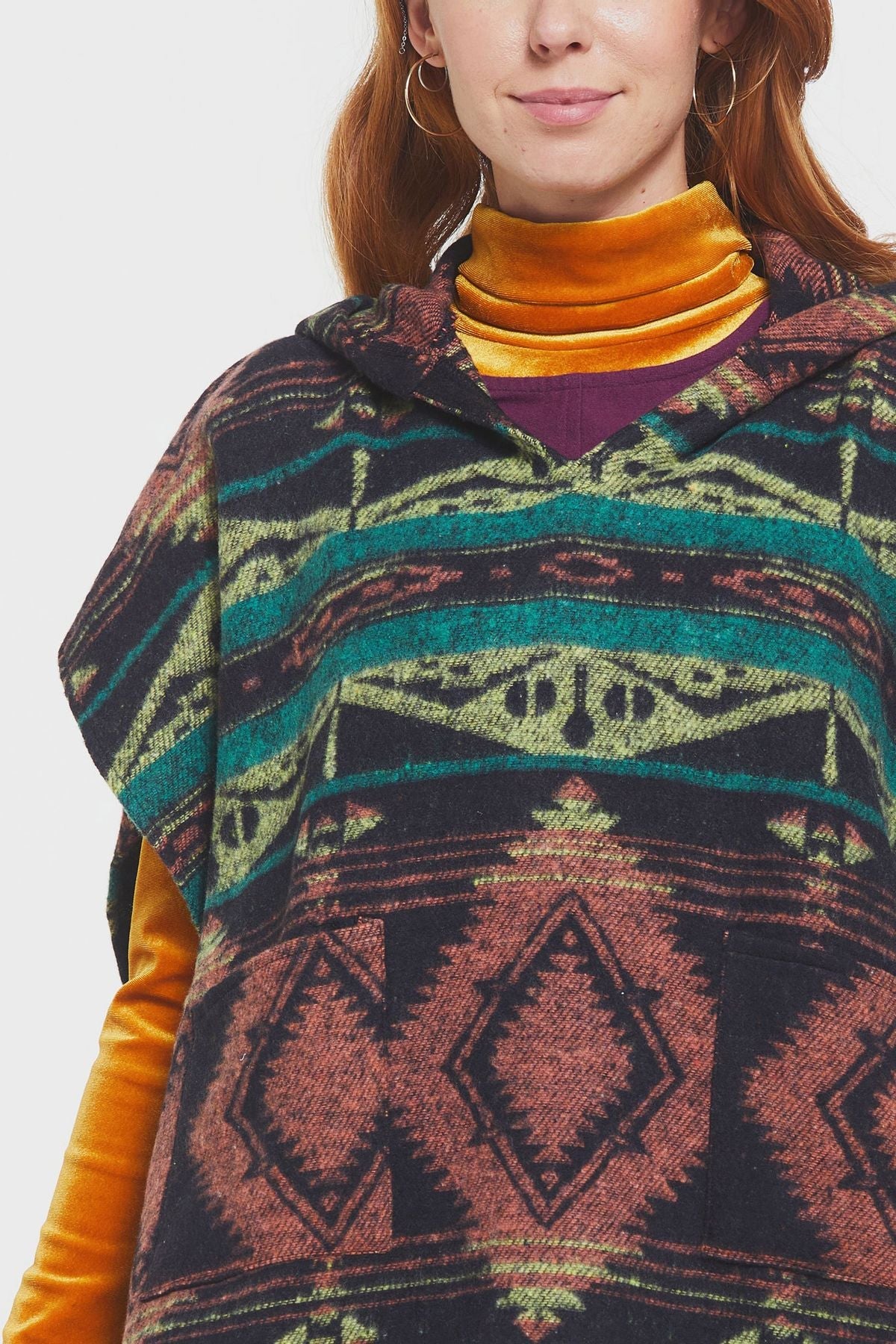 Ethnic Patterned Hooded Poncho Green